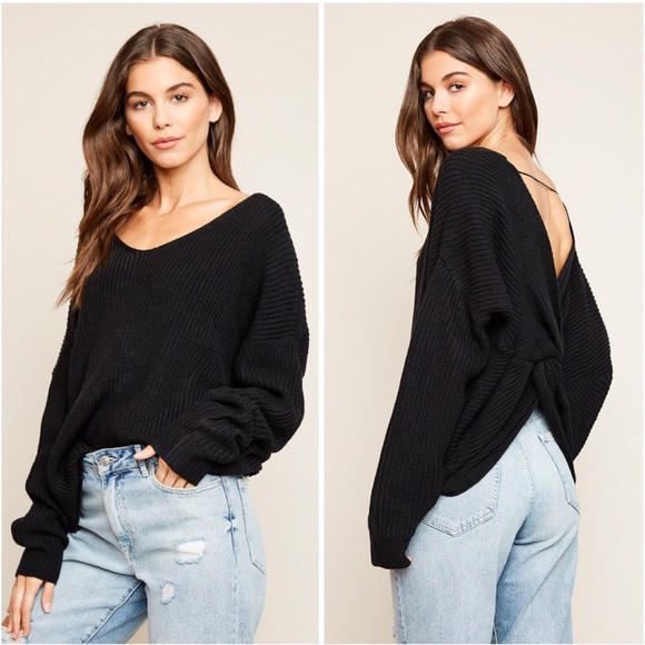 Sweaters - Black Twist Cross Back Oversized V Neck Sweater